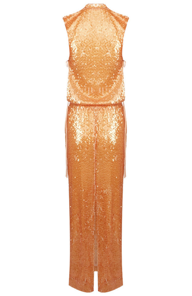 Golden Sequined Satin Sleeveless V-Neck Slit Mermaid Evening Gown for Party Wedding Prom Banquet