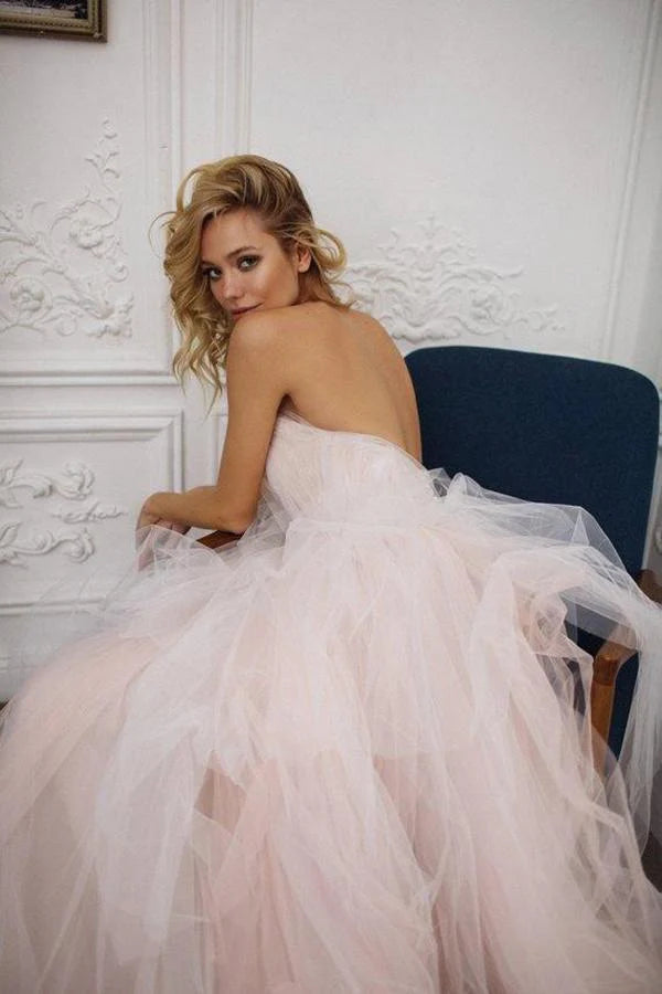 A Line Strapless Tulle Long Elegant Wedding Dresses
