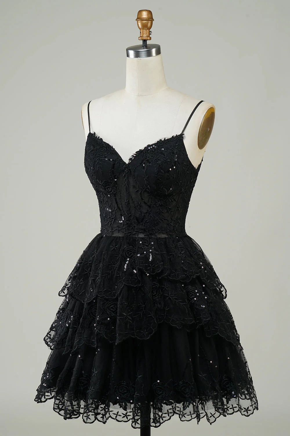 Amzcw Cute Black A Line Sparkly Sequin Tiered Corset Short Homecoming Dress