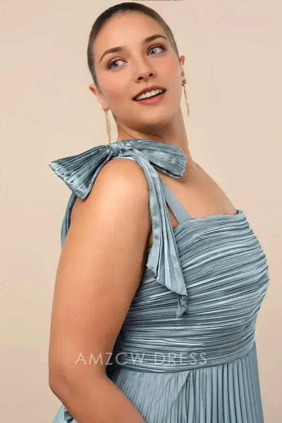 Vestido largo elegante y elegante con lazo, sin mangas, plisado y satén pizarra, de Amzcw.
