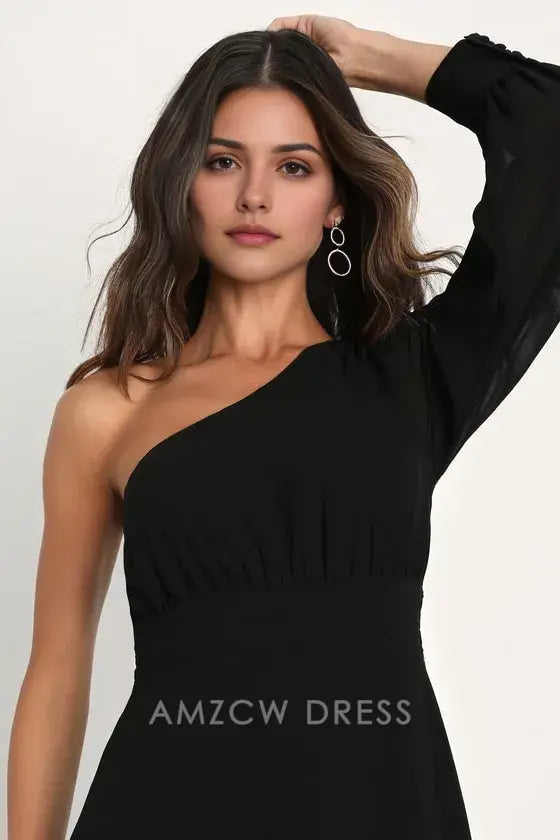 Vestido largo negro de un solo hombro y manga larga Amzcw, elegante y elegante, vestidos formales