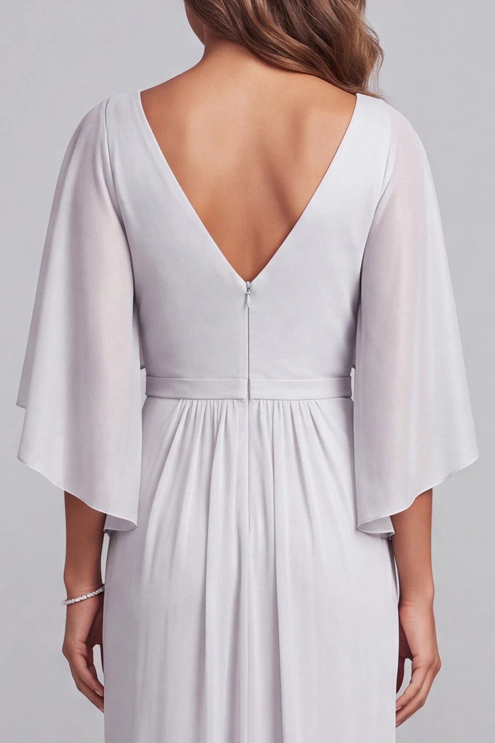 Graceful A-Line V-Neck Sleeved Floral Silver Maxi Mother Of The Bride Dresses