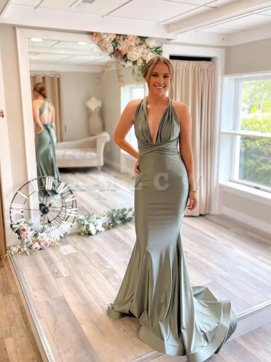 Amzcw Gray green satin mermaid long prom dress gray green evening dress stores with prom dresses