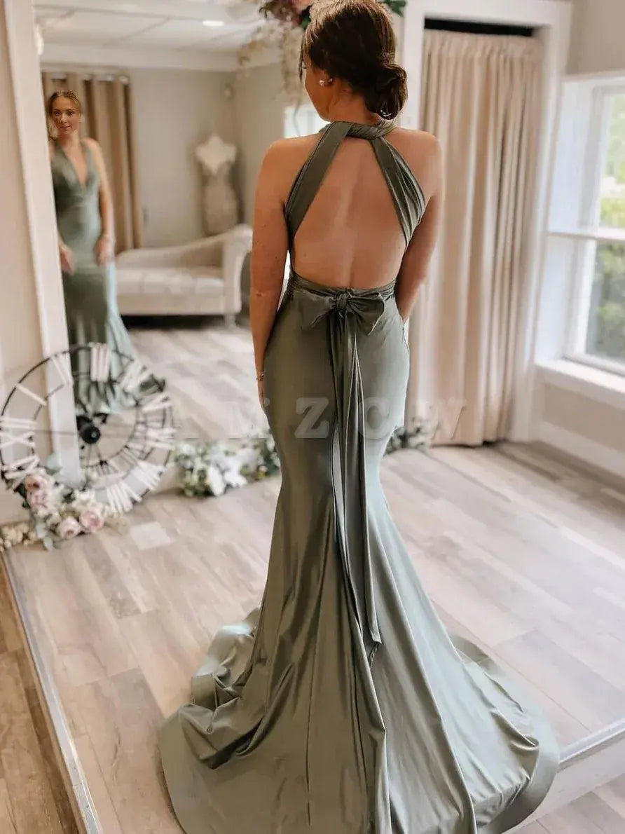 Amzcw Gray green satin mermaid long prom dress gray green evening dress stores with prom dresses
