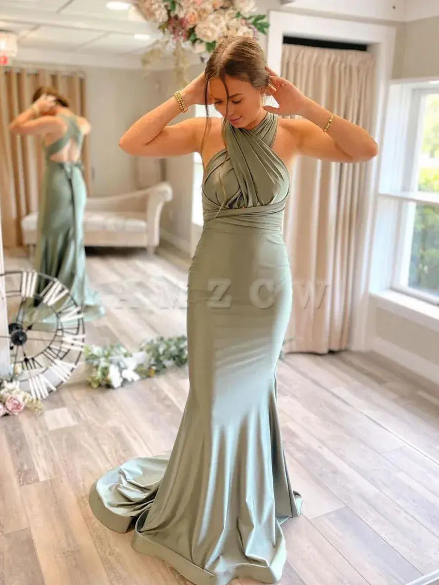 Amzcw Gray green satin mermaid long prom dress gray green evening dress stores with prom dresses