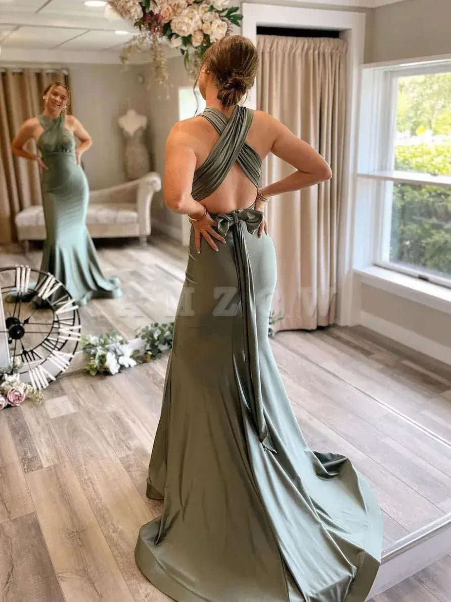 Amzcw Gray green satin mermaid long prom dress gray green evening dress stores with prom dresses