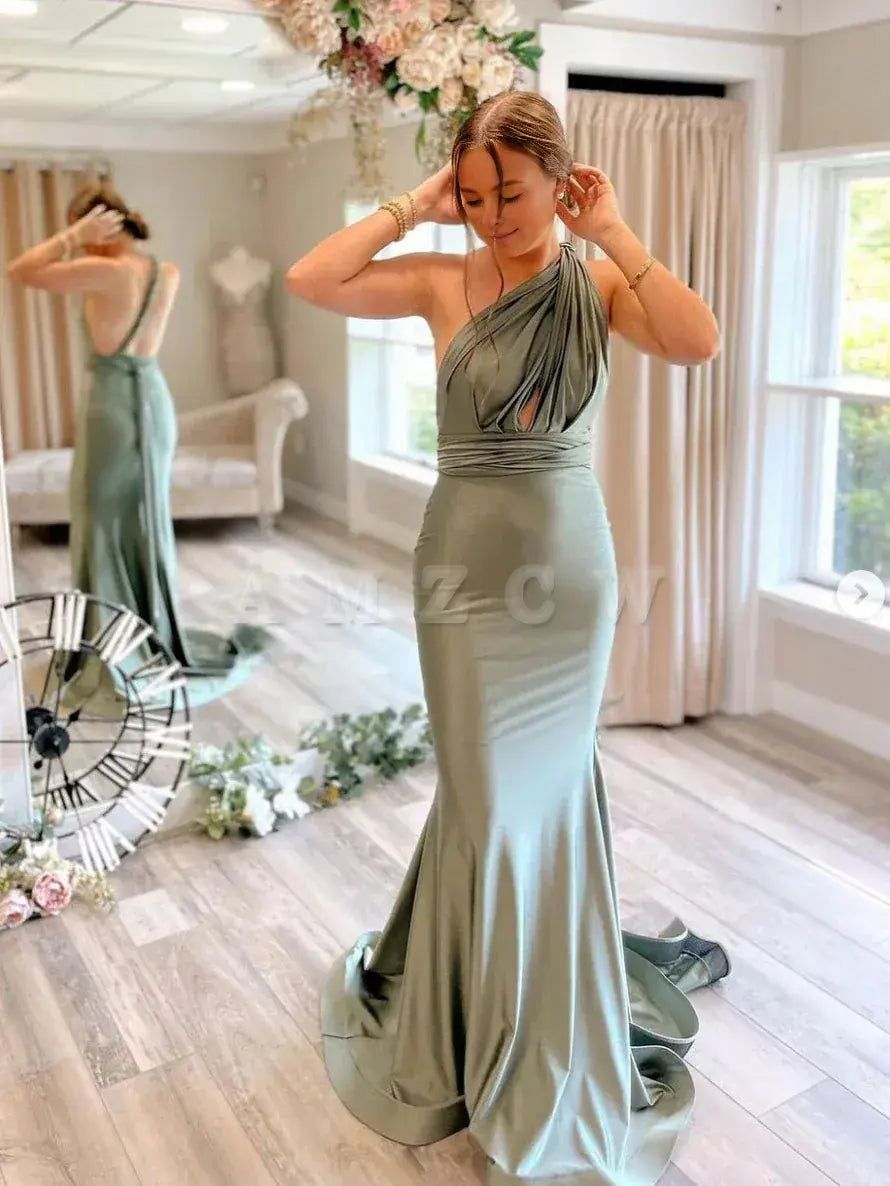 Amzcw Gray green satin mermaid long prom dress gray green evening dress stores with prom dresses