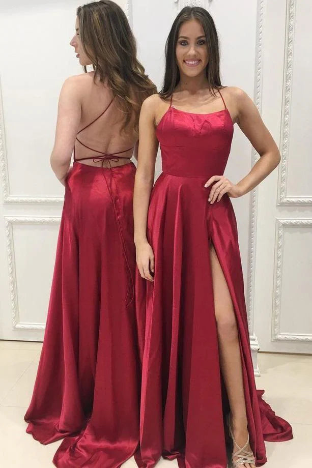 Vestidos de fiesta largos de satén verde con escote redondo y abertura alta, sin mangas y cruzados.