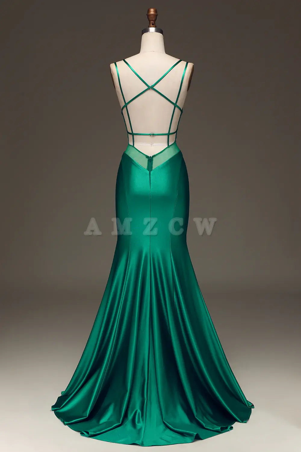 Amzcw Green Deep V-neck Satin Mermaid Prom Dress with Lace-up Back prom dresses shops gowns evening dresses