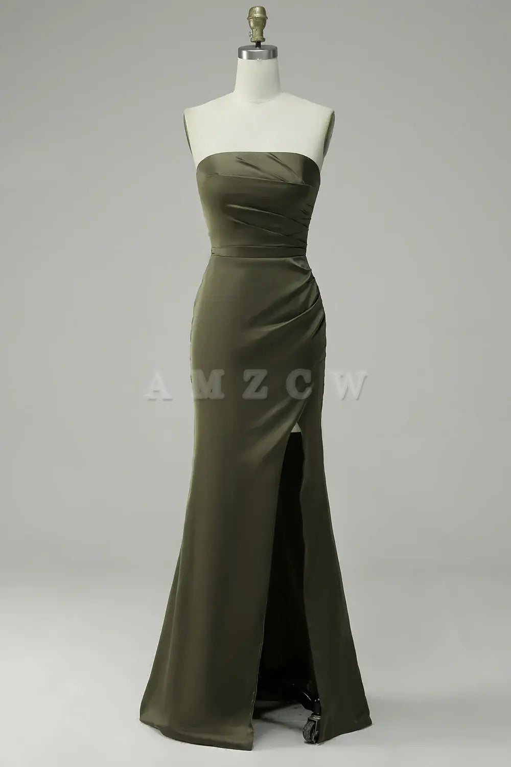 Amzcw Green Strapless Satin Mermaid Prom Dress with Slit gowns evening dresses prom dresses shops