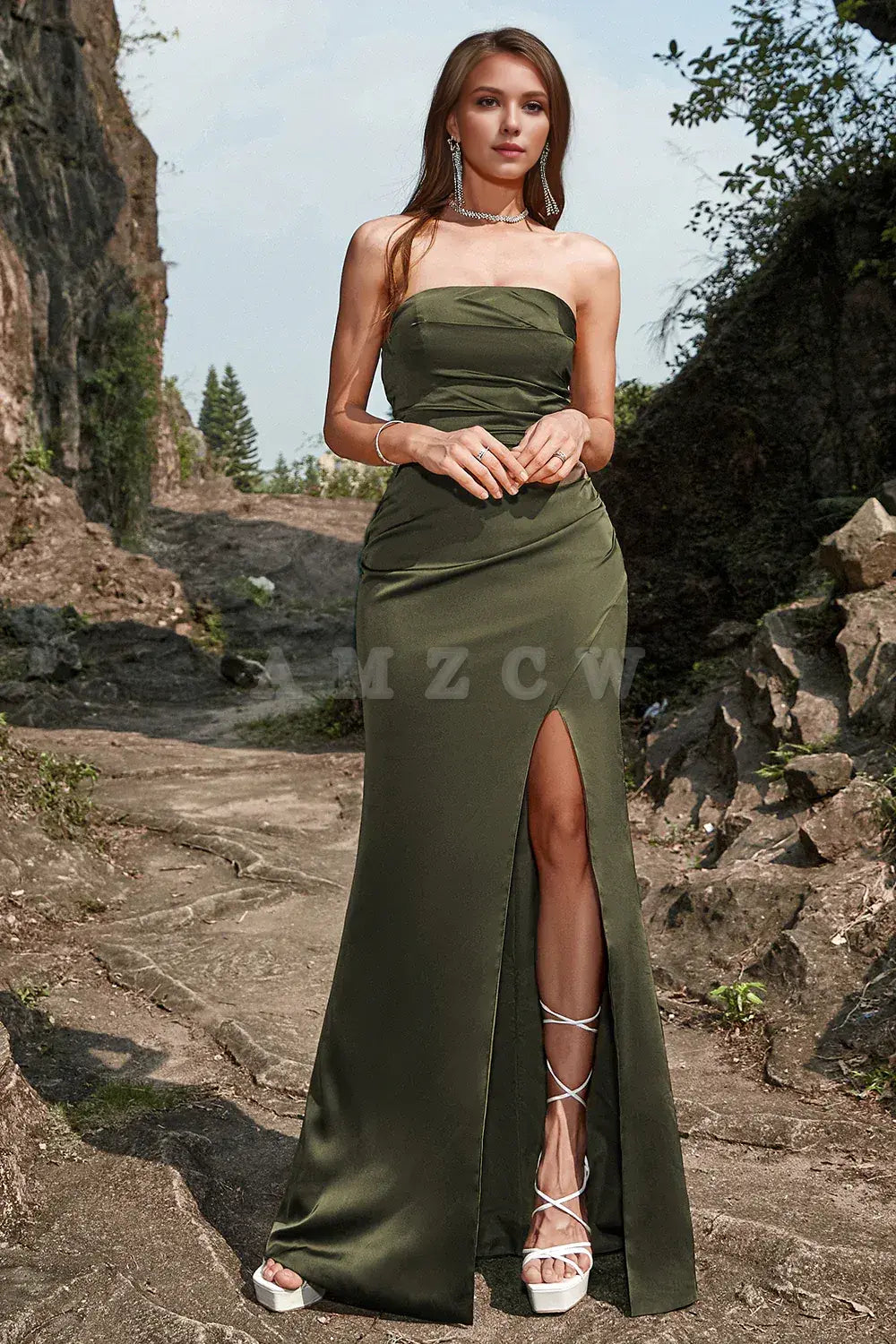 Amzcw Green Strapless Satin Mermaid Prom Dress with Slit gowns evening dresses prom dresses shops