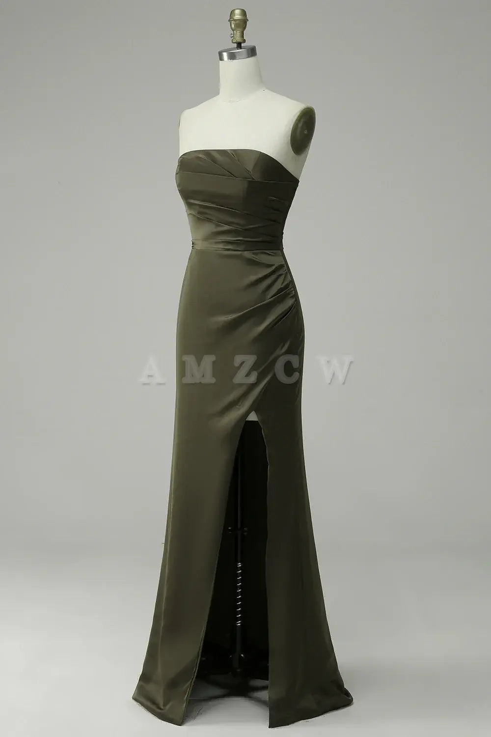 Amzcw Green Strapless Satin Mermaid Prom Dress with Slit gowns evening dresses prom dresses shops