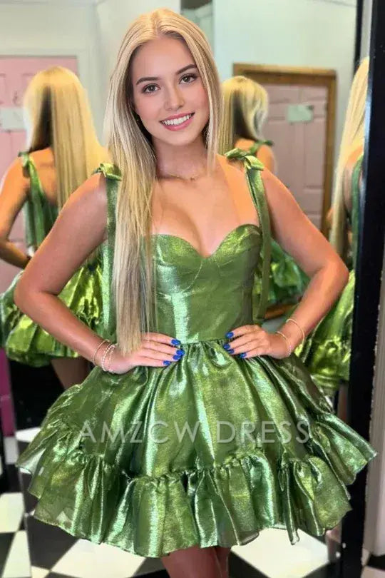 Amzcw Elegant Green Straps A-line Satin Ruffle Mini Homecoming Dress formal wear dresses
