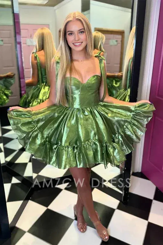 Amzcw Elegant Green Straps A-line Satin Ruffle Mini Homecoming Dress formal wear dresses