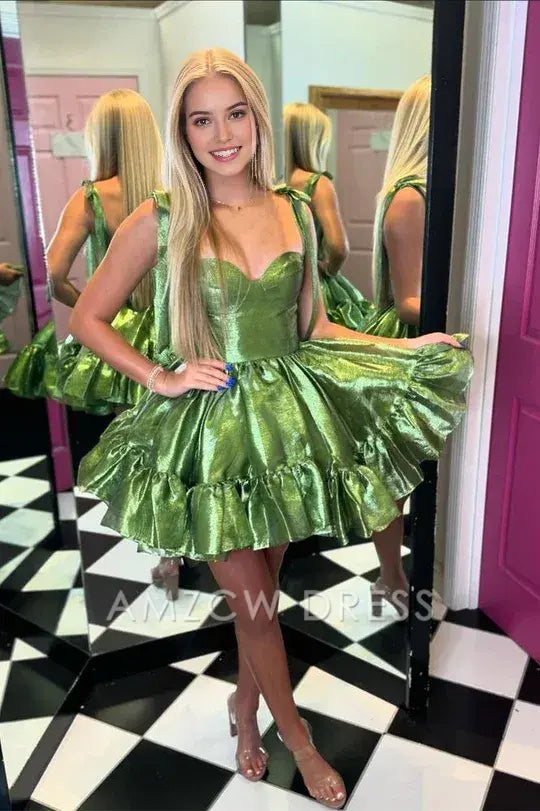 Amzcw Elegant Green Straps A-line Satin Ruffle Mini Homecoming Dress formal wear dresses