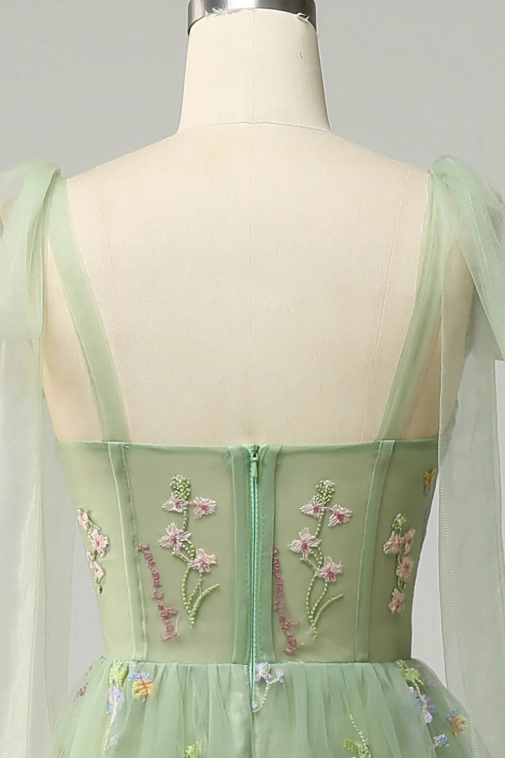 Amzcw Green A Line Spaghetti Straps Corset Long Prom Dress with Embroidery