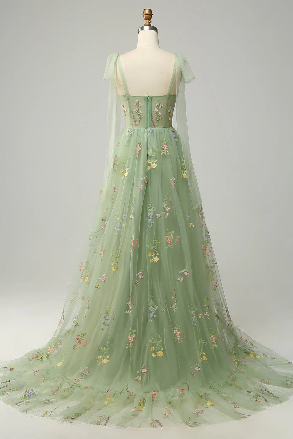 Amzcw Green A Line Spaghetti Straps Corset Long Prom Dress with Embroidery