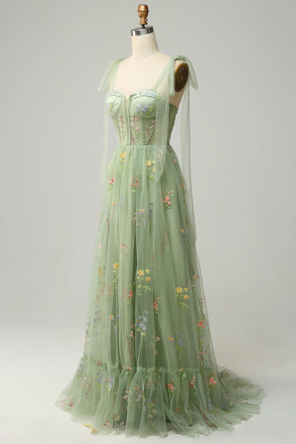 Amzcw Green A Line Spaghetti Straps Corset Long Prom Dress with Embroidery