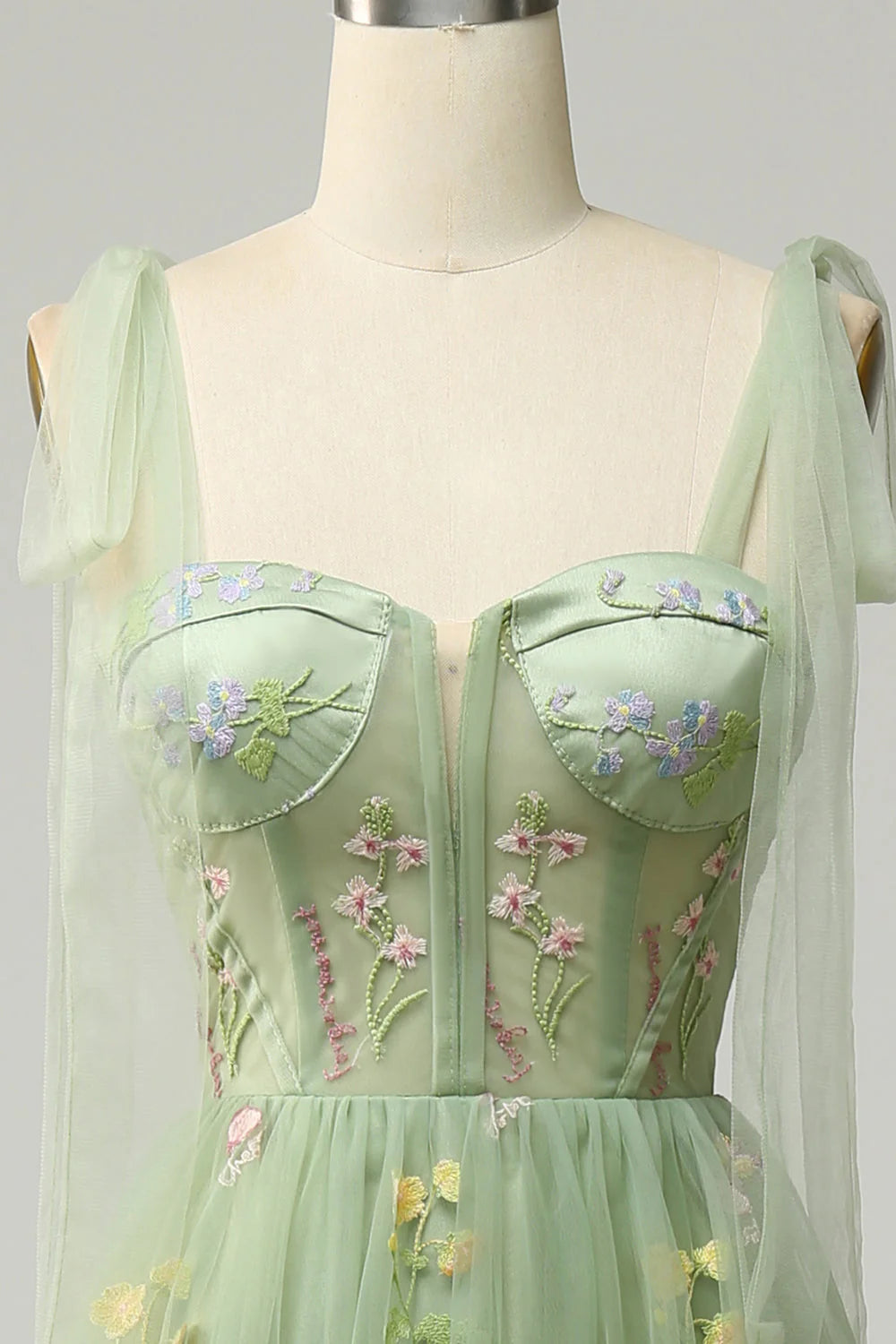 Amzcw Green A Line Spaghetti Straps Corset Long Prom Dress with Embroidery