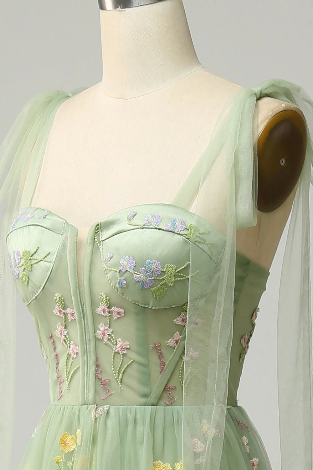 Amzcw Green A Line Spaghetti Straps Corset Long Prom Dress with Embroidery