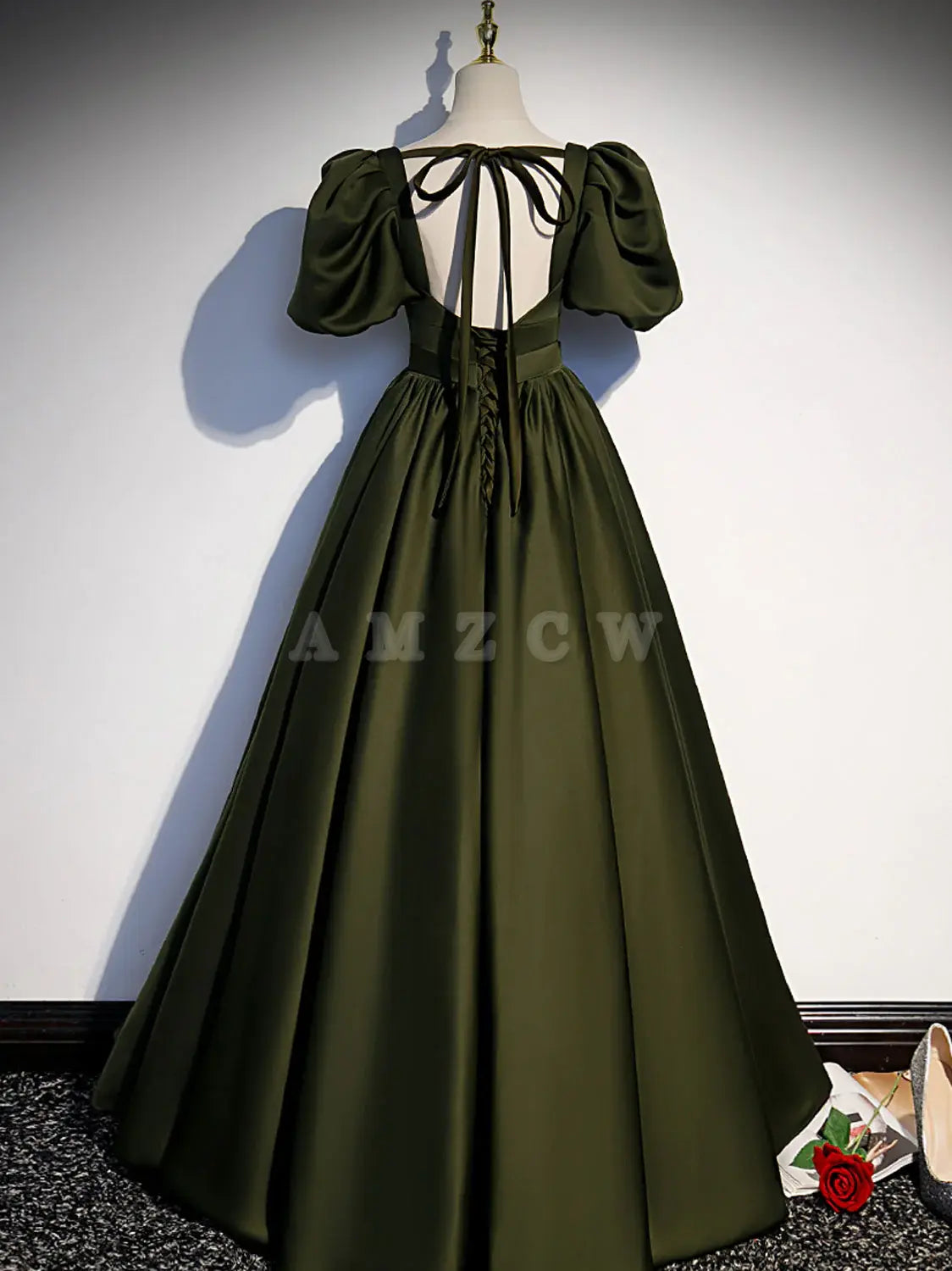 Vestido de fiesta largo de satén verde de Amzcw, corte A, vestido de fiesta formal verde, tiendas de vestidos de fiesta