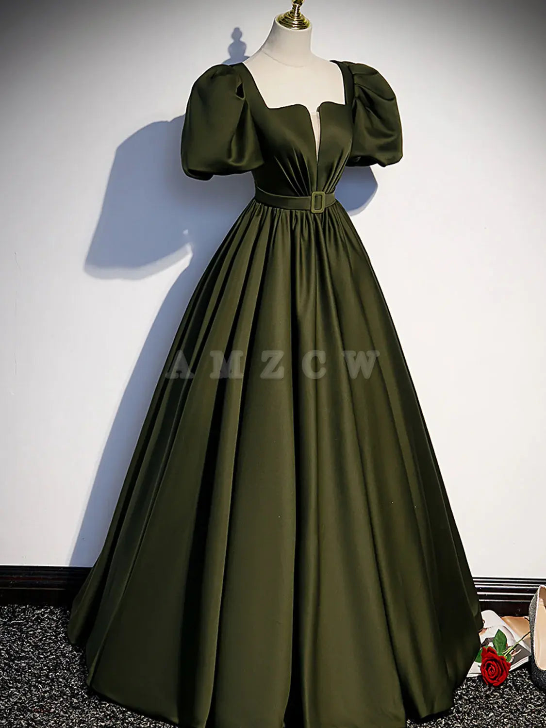 Vestido de fiesta largo de satén verde de Amzcw, corte A, vestido de fiesta formal verde, tiendas de vestidos de fiesta