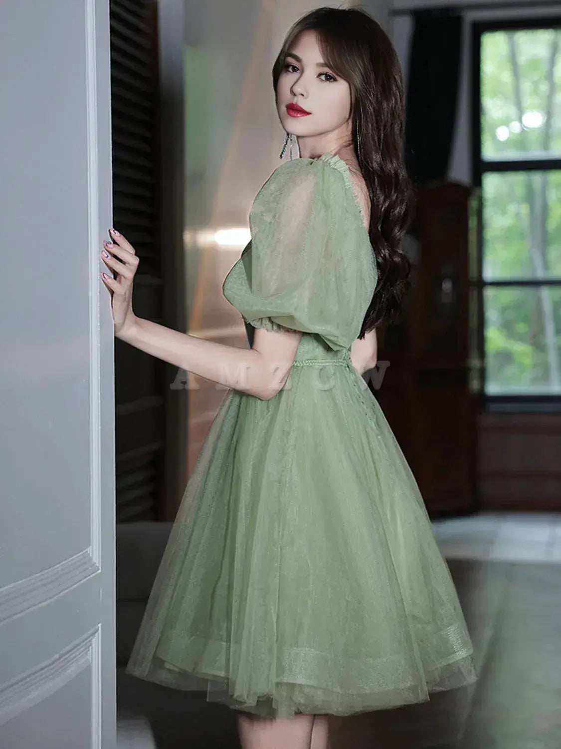 Vestido de fiesta corto de tul verde Amzcw, vestido de fiesta de tul verde, vestidos formales