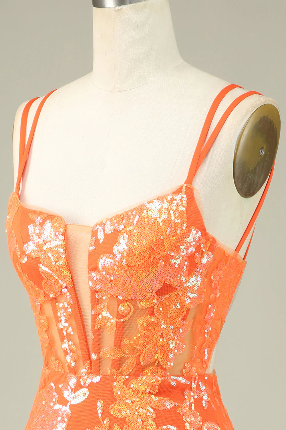 Amzcw Gorgeous Orange Spaghetti Straps Tight Glittler Corset Homecoming Dress with Lace Up Back