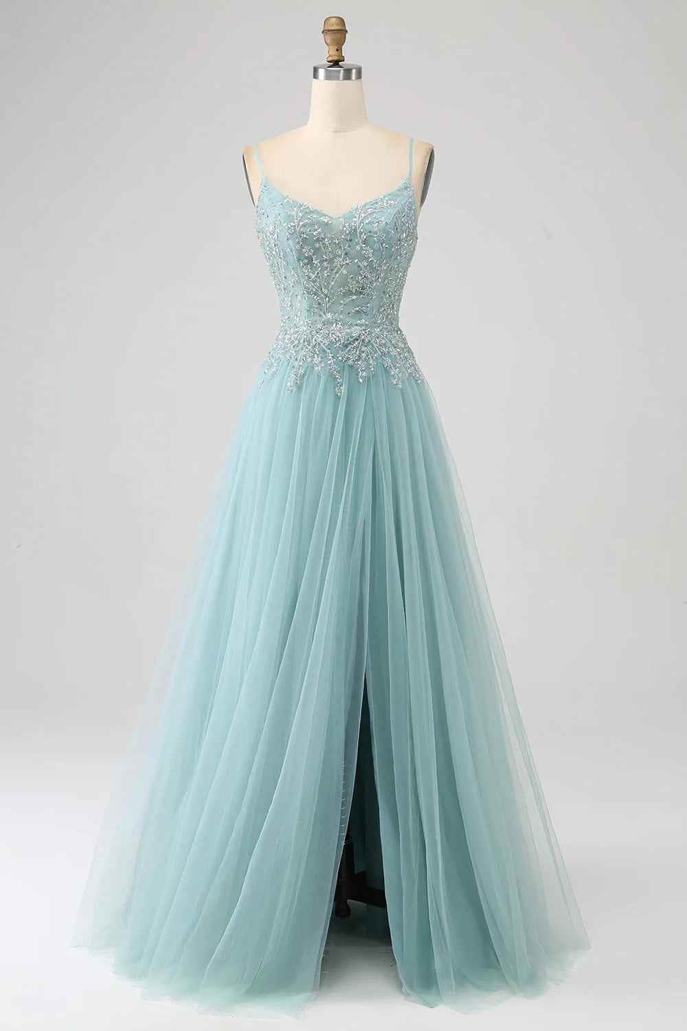 light green corset prom dress Zapaka Women Green Long Prom Dress with Slit Mermaid Corset Spaghetti Straps 3D Flowers Formal Dress with Appliques, Green / US8