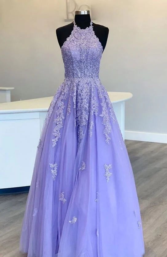 Vestido de fiesta largo de tul lavanda con espalda descubierta y corte A