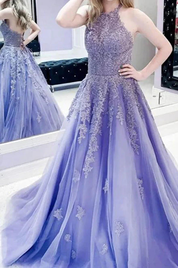 Vestido de fiesta largo de tul lavanda con espalda descubierta y corte A
