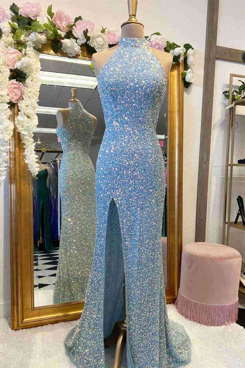Vestidos de noche de fiesta con abertura y cremallera hasta el suelo con lentejuelas de sirena