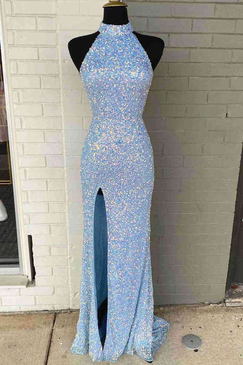 Vestidos de noche de fiesta con abertura y cremallera hasta el suelo con lentejuelas de sirena