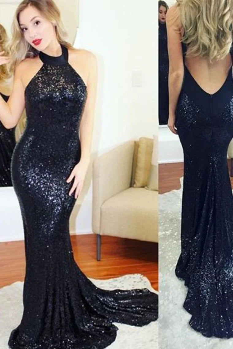 Vestidos de fiesta de sirena con lentejuelas sexys, cuello halter, espalda abierta y cremallera