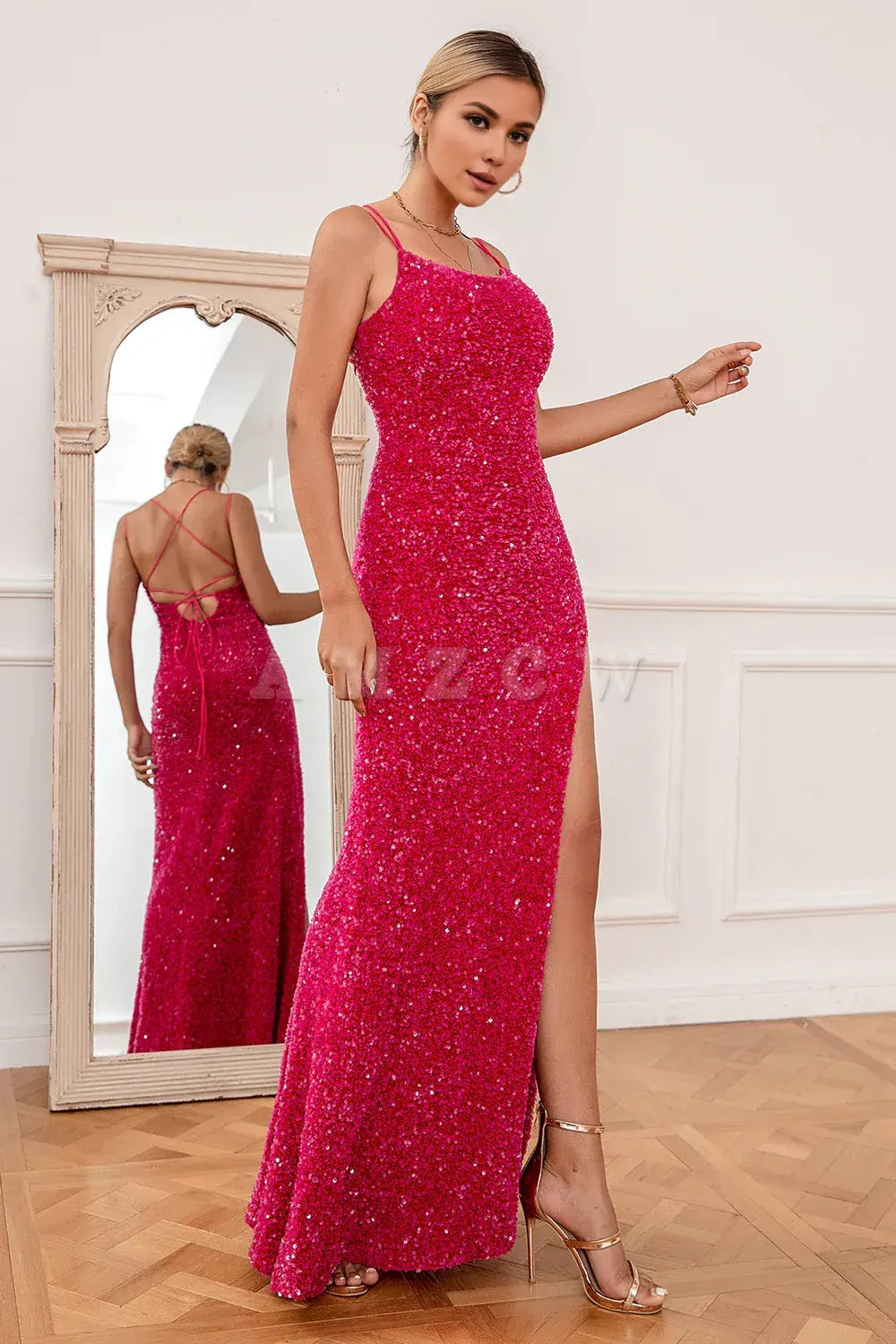 Amzcw Hot Pink Spaghetti Straps Sequin Prom Dress gowns evening dresses prom dresses shops 