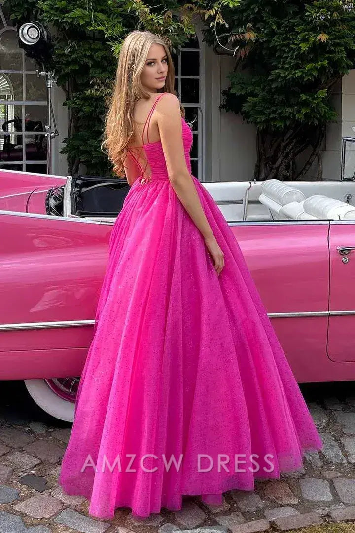 Amzcw Hot Pink Spaghetti Straps V-Neck Pleated A-Line Prom Dress formal wear dresses