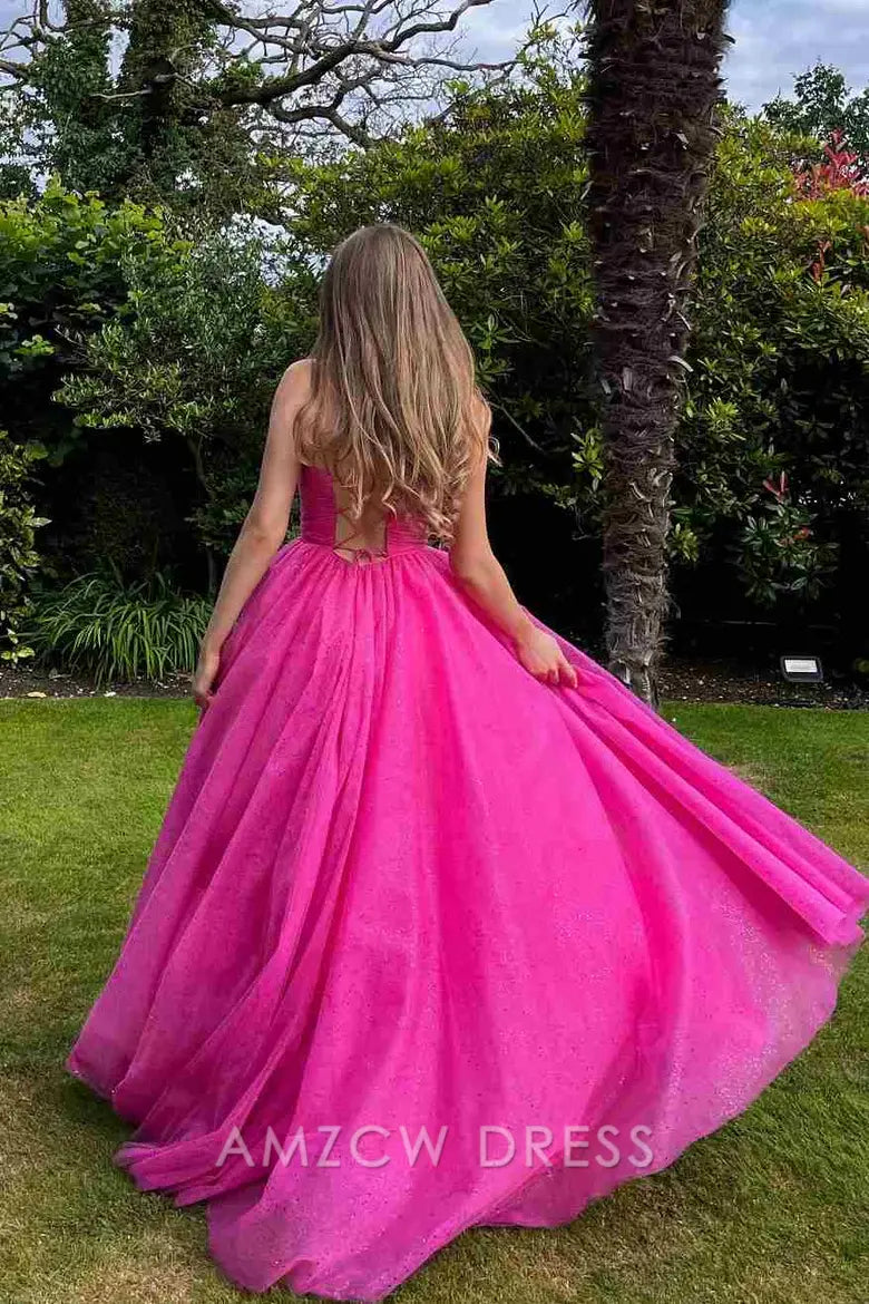 Amzcw Hot Pink Spaghetti Straps V-Neck Pleated A-Line Prom Dress formal wear dresses