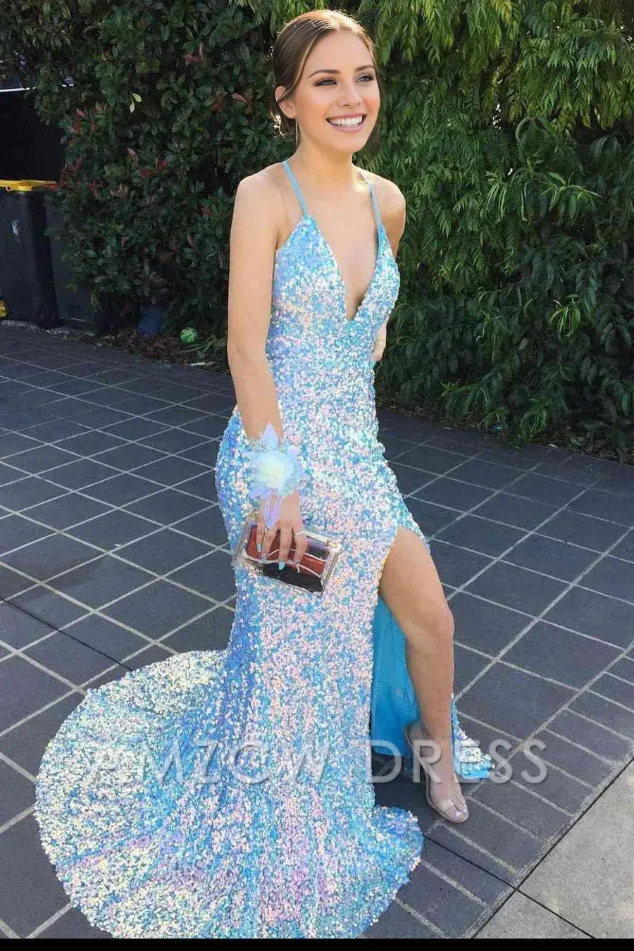Amzcw Iridescent Blue Sequin V-Neck Mermaid Long Formal Dress formal wear dresses