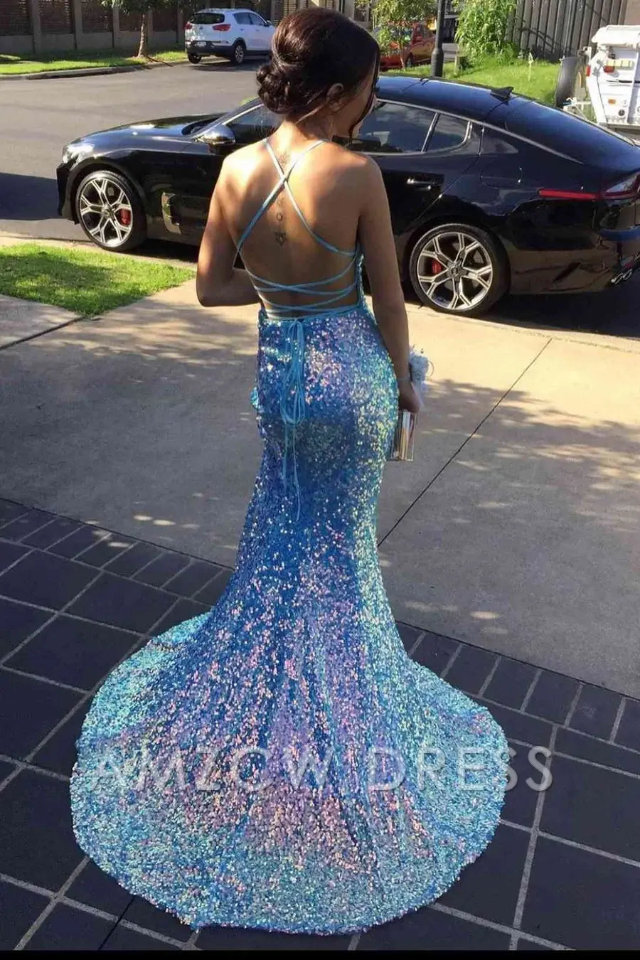 Amzcw Iridescent Blue Sequin V-Neck Mermaid Long Formal Dress formal wear dresses