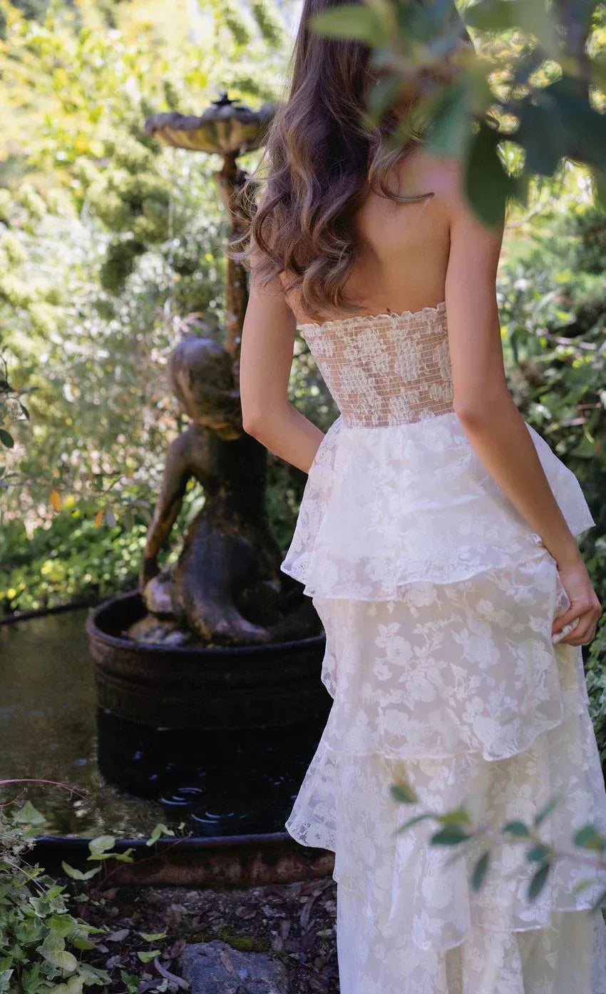 Ivory Maxi Evening Dresses with Strapless Sweetheart Neck Smocked Lace Back Tiered Floral Lace Skirt