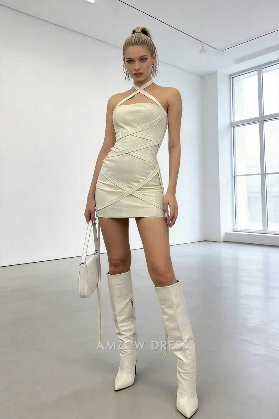 Ivory White Halter High Neck Cross Wrap Sweetheart Bust Satin Crisscross Bandage Open Back Waist Cinched Bodycon Mini Homecoming Dress