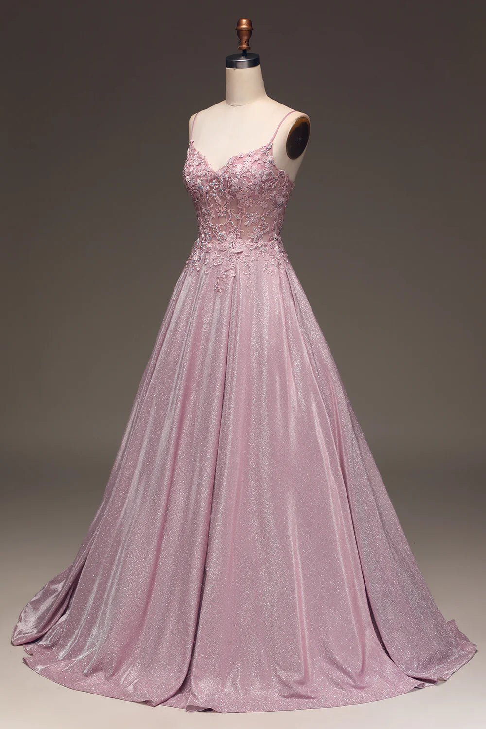 Amzcw Sparkly Blush A Line Beaded Applique Long Prom Dress With Pocket long prom dresses with sleeves