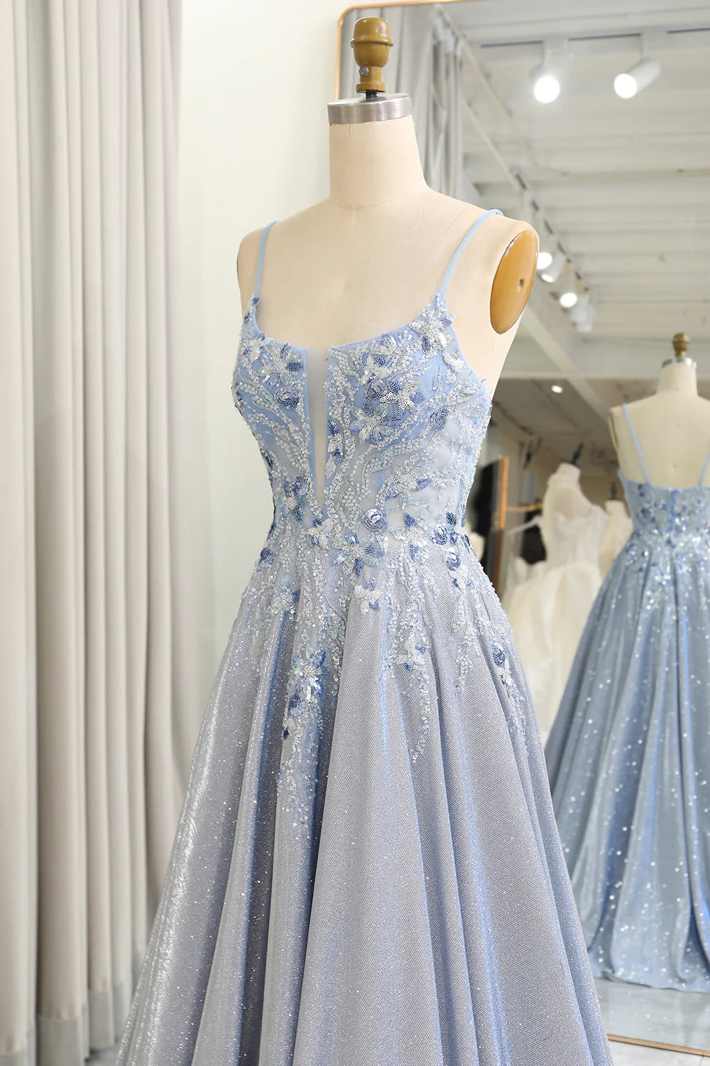 Amzcw Glitter Grey Blue A-Line Spaghetti Straps Long Prom Dress With Appliques prom dresses shops