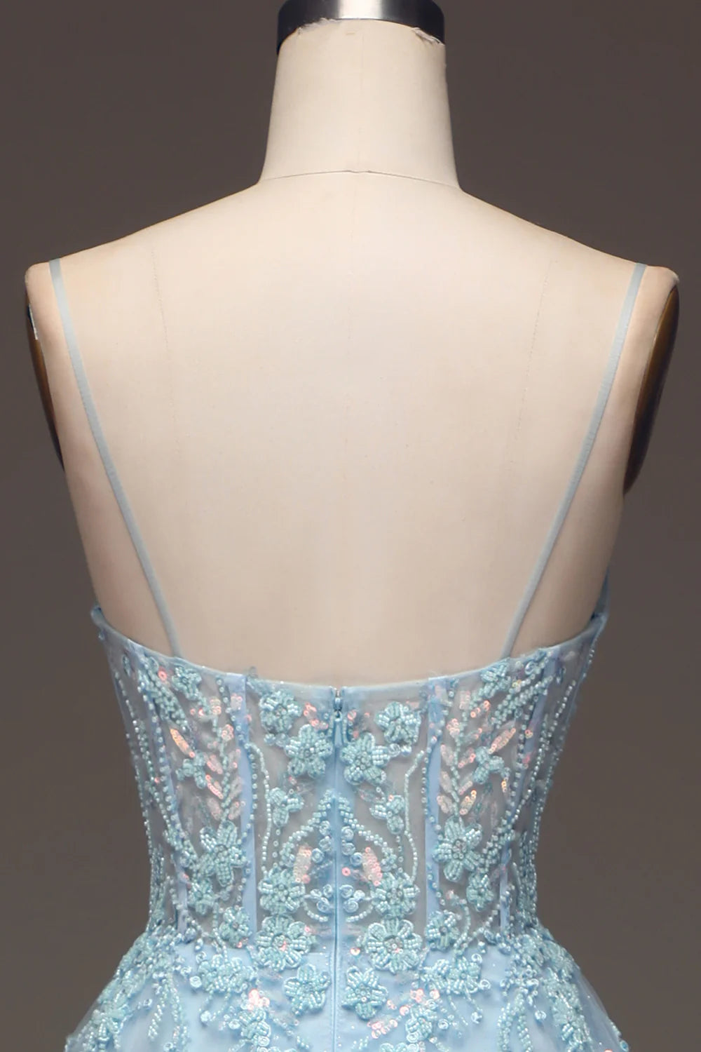 Amzcw A Line Light Blue Sequin Spaghetti Straps Prom Dress With Appliques
