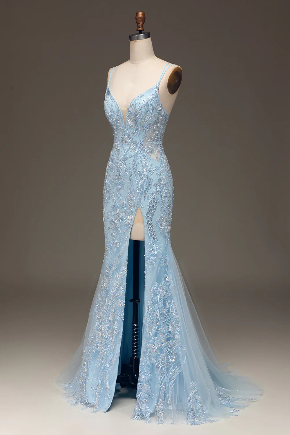 Amzcw Blue Tulle Mermaid Prom Dress with Beaded