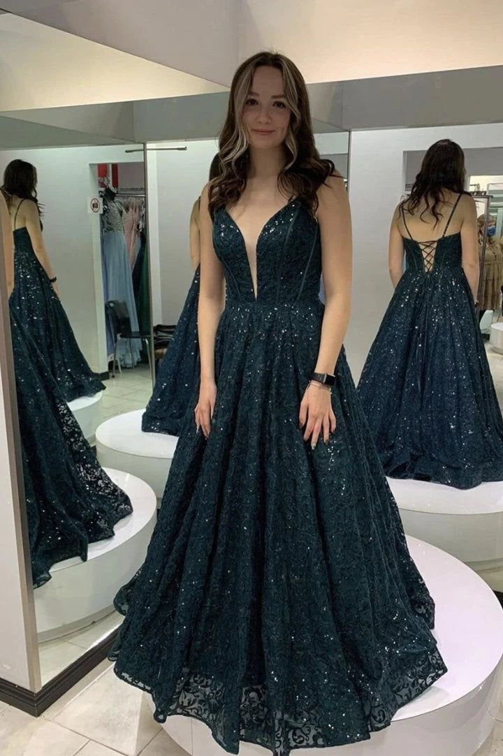 Vestidos de fiesta largos de tul con encaje y lentejuelas en forma de A
