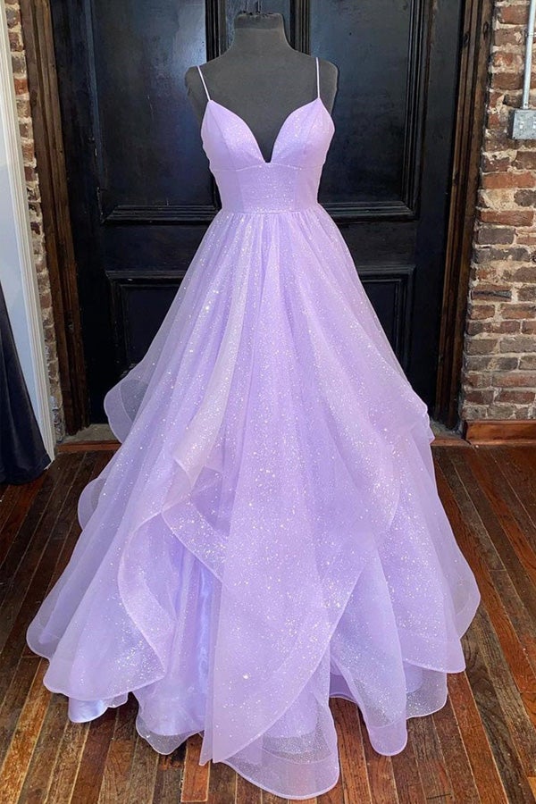 Vestidos de fiesta de tul con escote en V y lentejuelas color lavanda, línea A