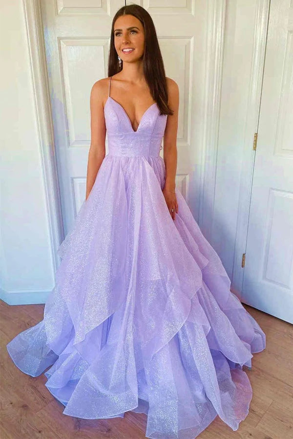 Vestidos de fiesta de tul con escote en V y lentejuelas color lavanda, línea A
