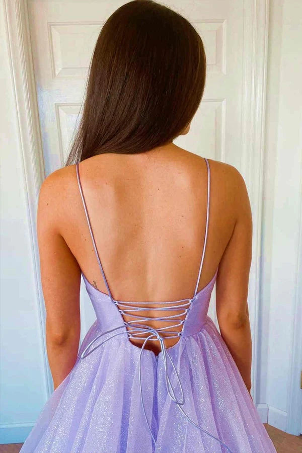 Vestidos de fiesta de tul con escote en V y lentejuelas color lavanda, línea A