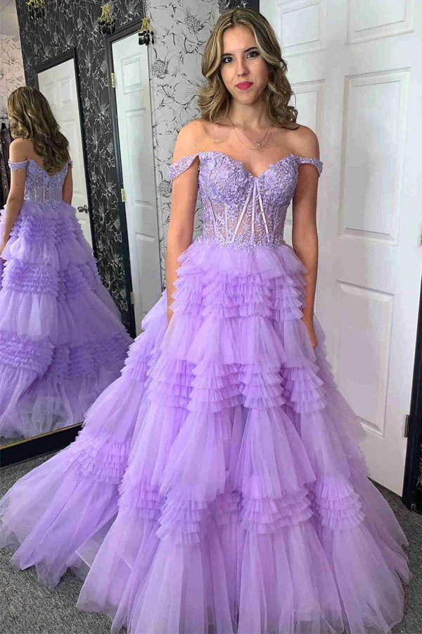 Vestido de fiesta largo con volantes, hombros descubiertos y tul en línea A